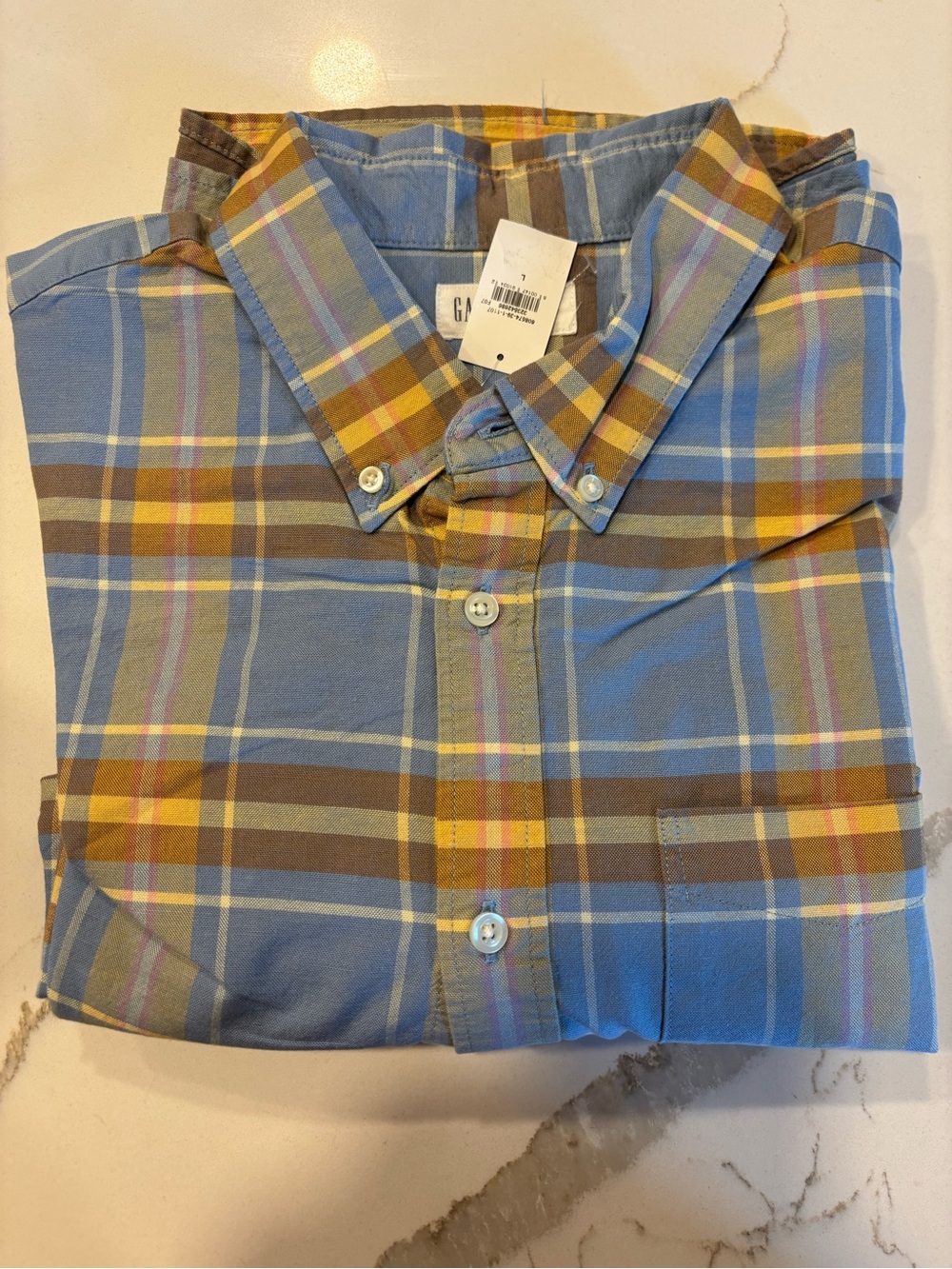 GAP Blue Plaid Button-Down Shirt with Brown and Yellow Stripes size large new